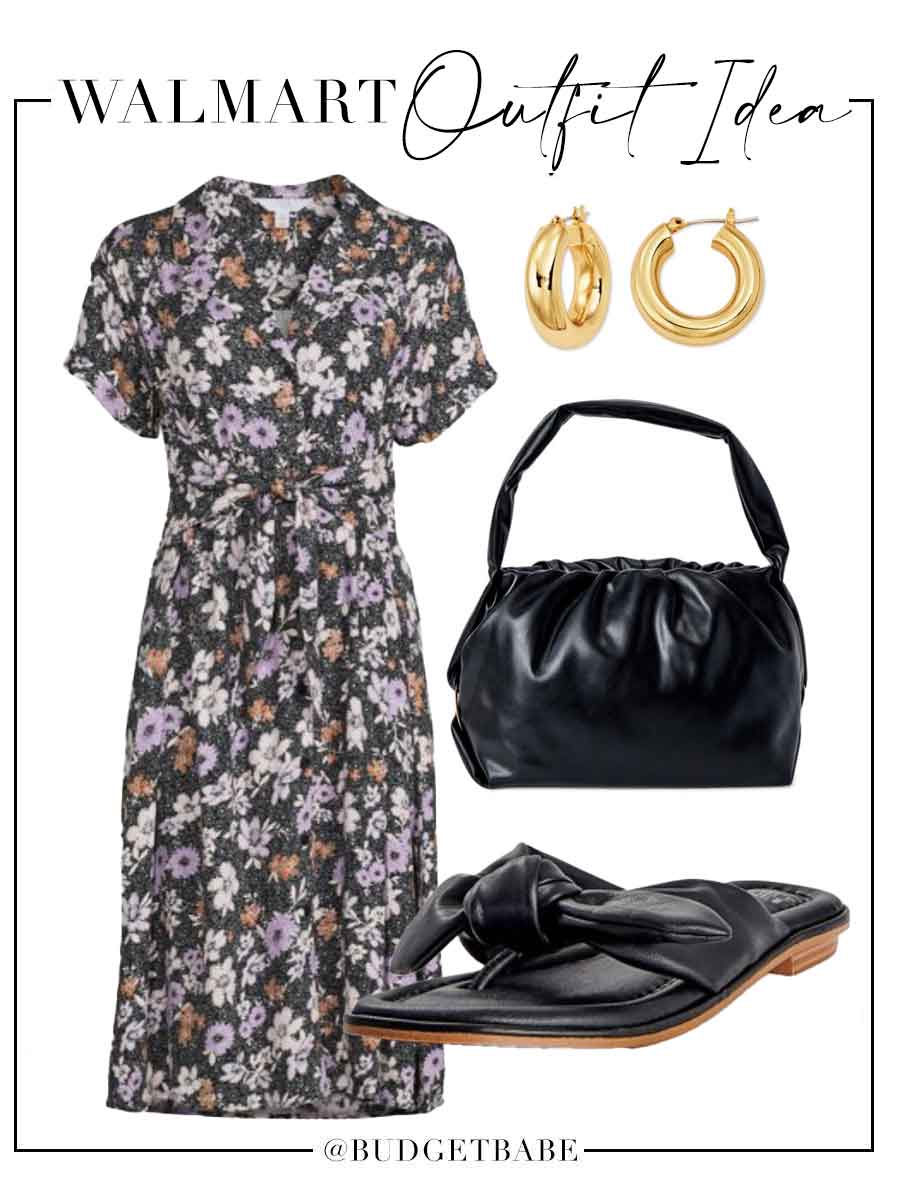 Walmart dress with bow sandals and scrunch bag purse