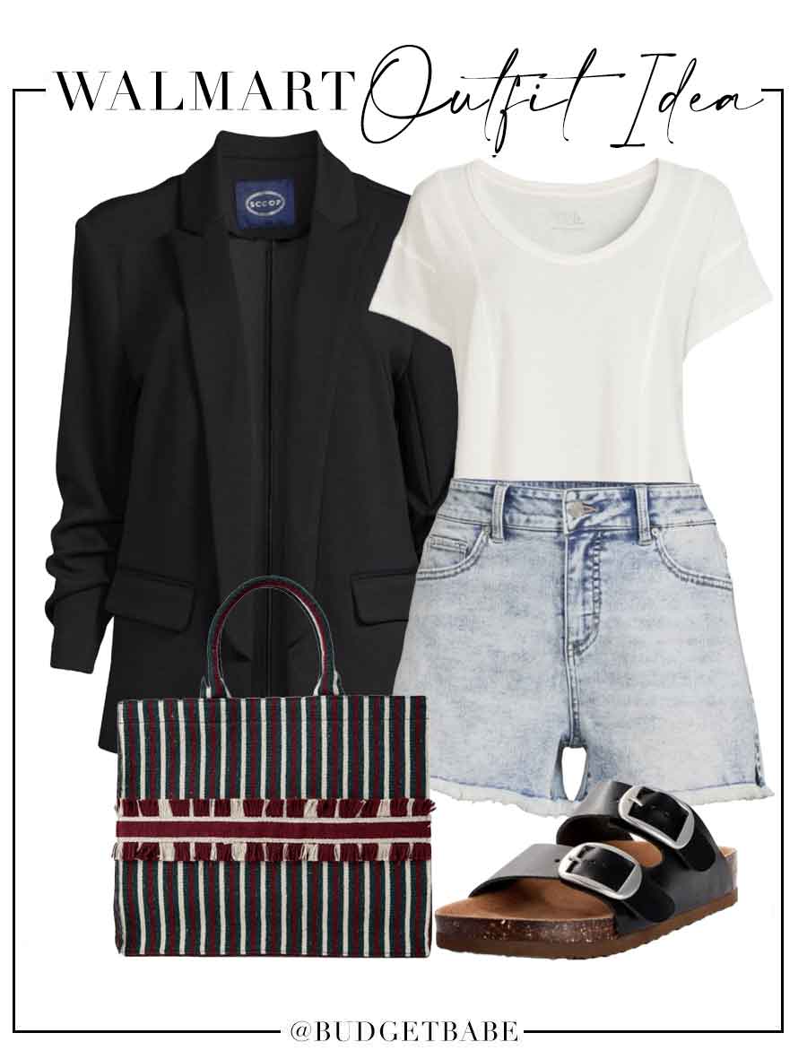 Walmart outfit idea, chic blazer with seamed tee, cut offs and footbed sandals
