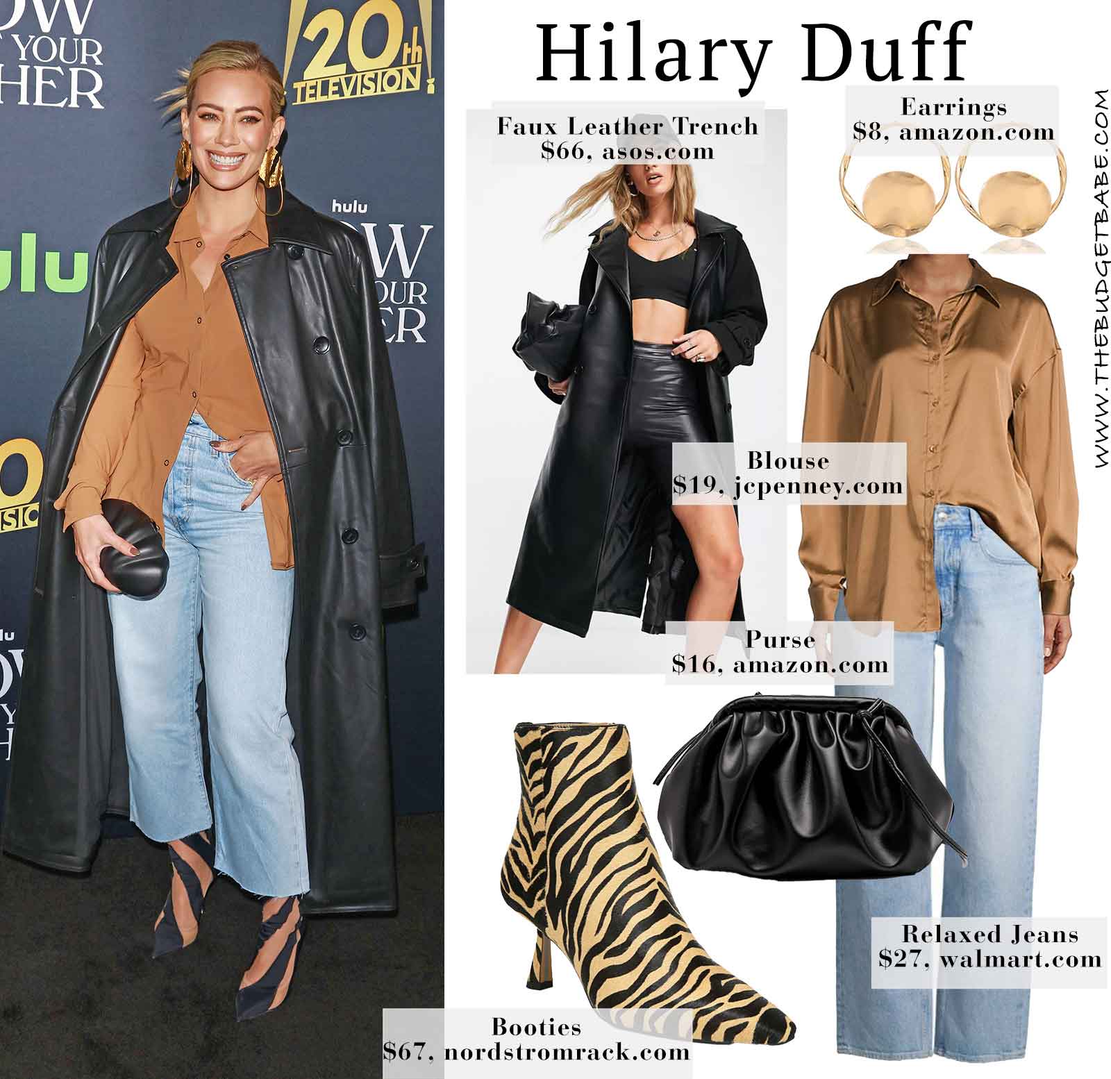 Hilary Duff wears a camel shirt, black trench and Jimmy Choo striped sock booties.