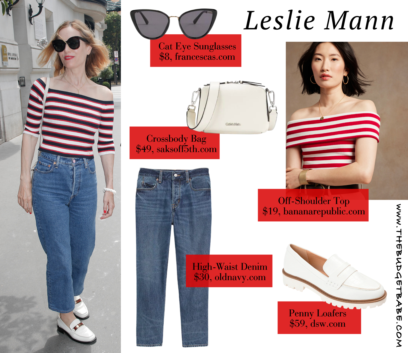 Leslie Mann Valentino Off-Shoulder Striped Top, Crossbody Bag, High-Waist Denim and Christian Dior Loafers Celebrity Look For Less