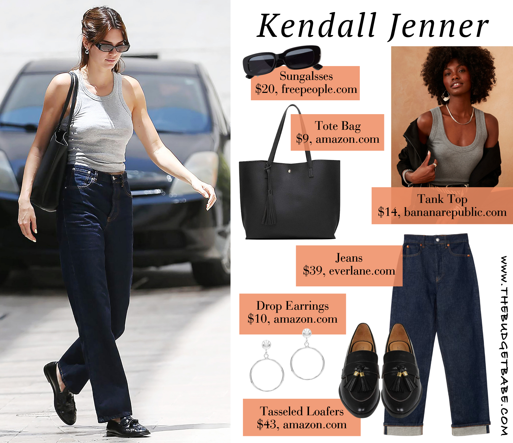 Kendall Jenner's Racerback Tank, High-Rise Jeans, The Row Tote and Jeans and Loafers Celebrity Look for Less