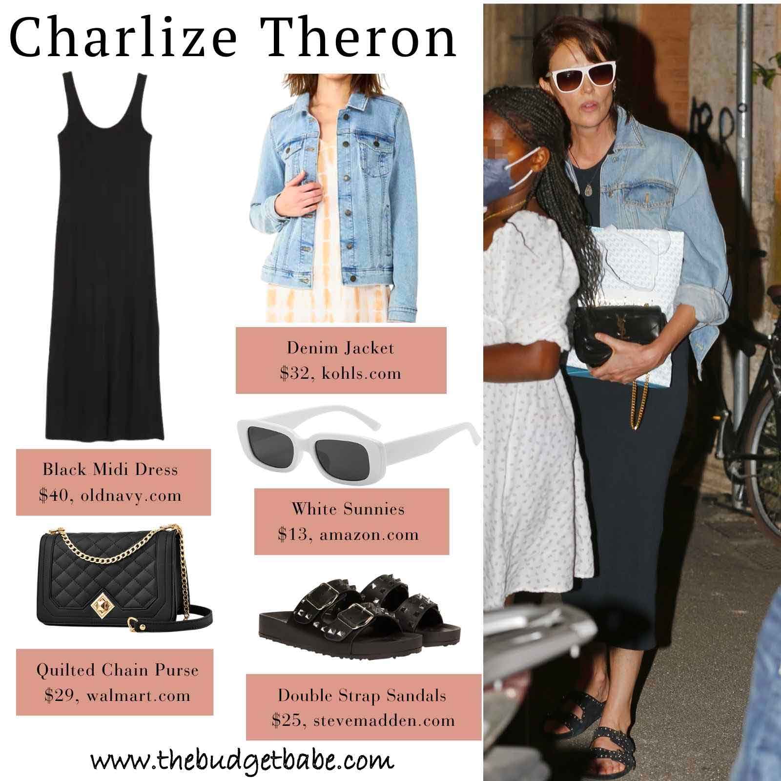 Czarna sukienka maxi Charlize Theron i wygląd dżinsowej kurtki