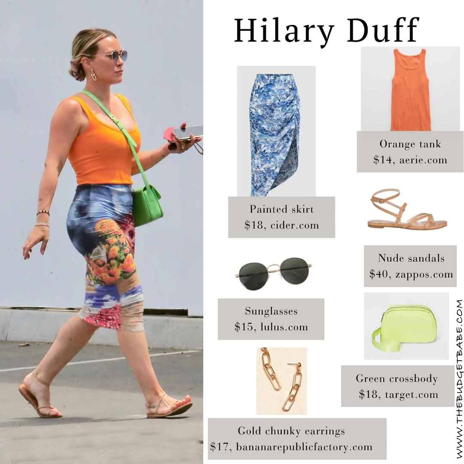 Hilary Duff in an orange tank and colorful multicolor painterly pencil skirt.