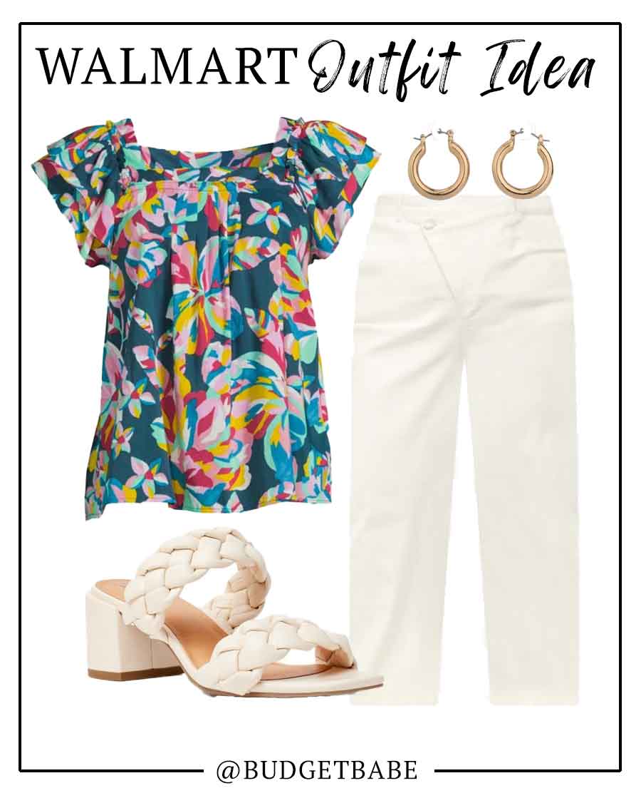 Walmart spring outfit idea with colorful top and white jeans