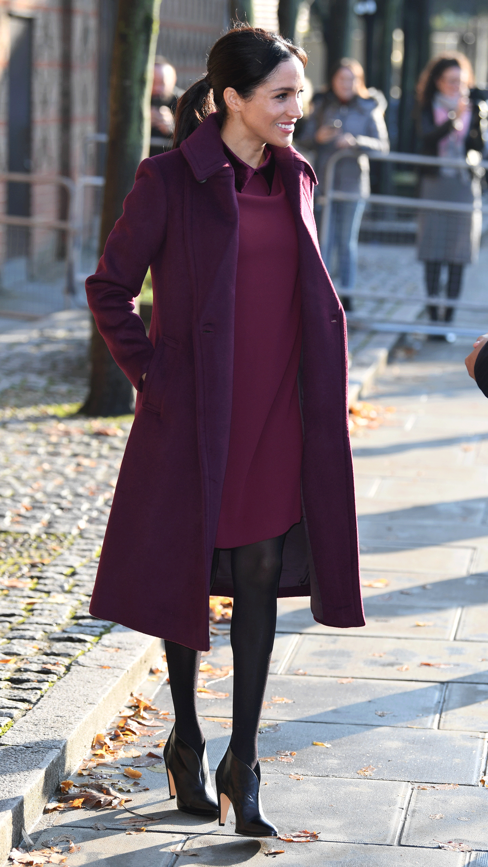 Meghan Markle Burgundy Coat and Dress 