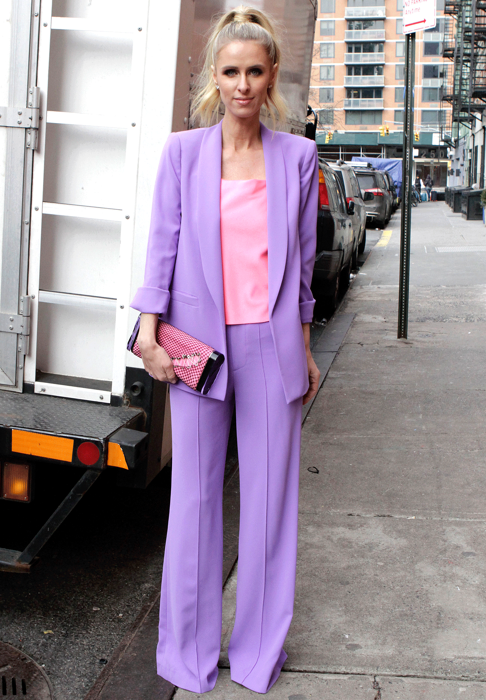 Nicky Hilton Purple Suit Pink Tank