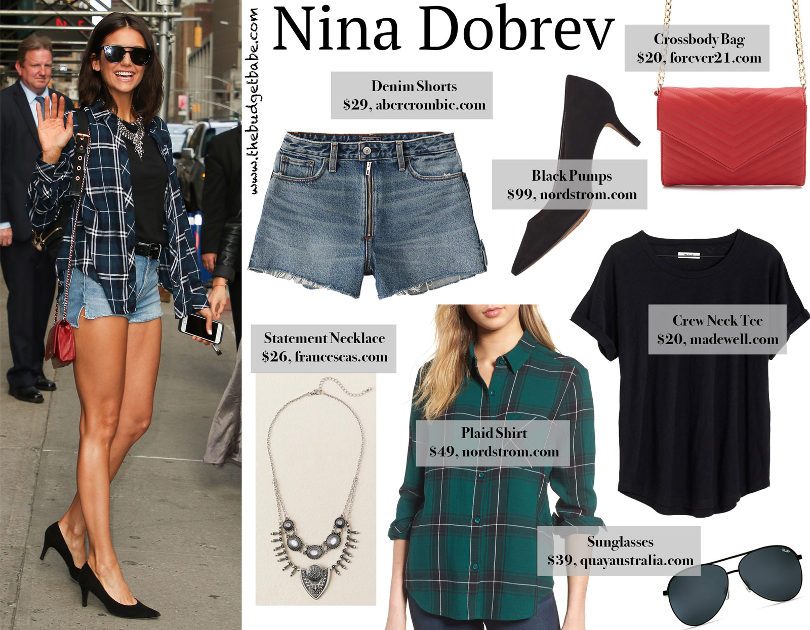 Nina Dobrev's Plaid Shirt Black Pump Look for Less