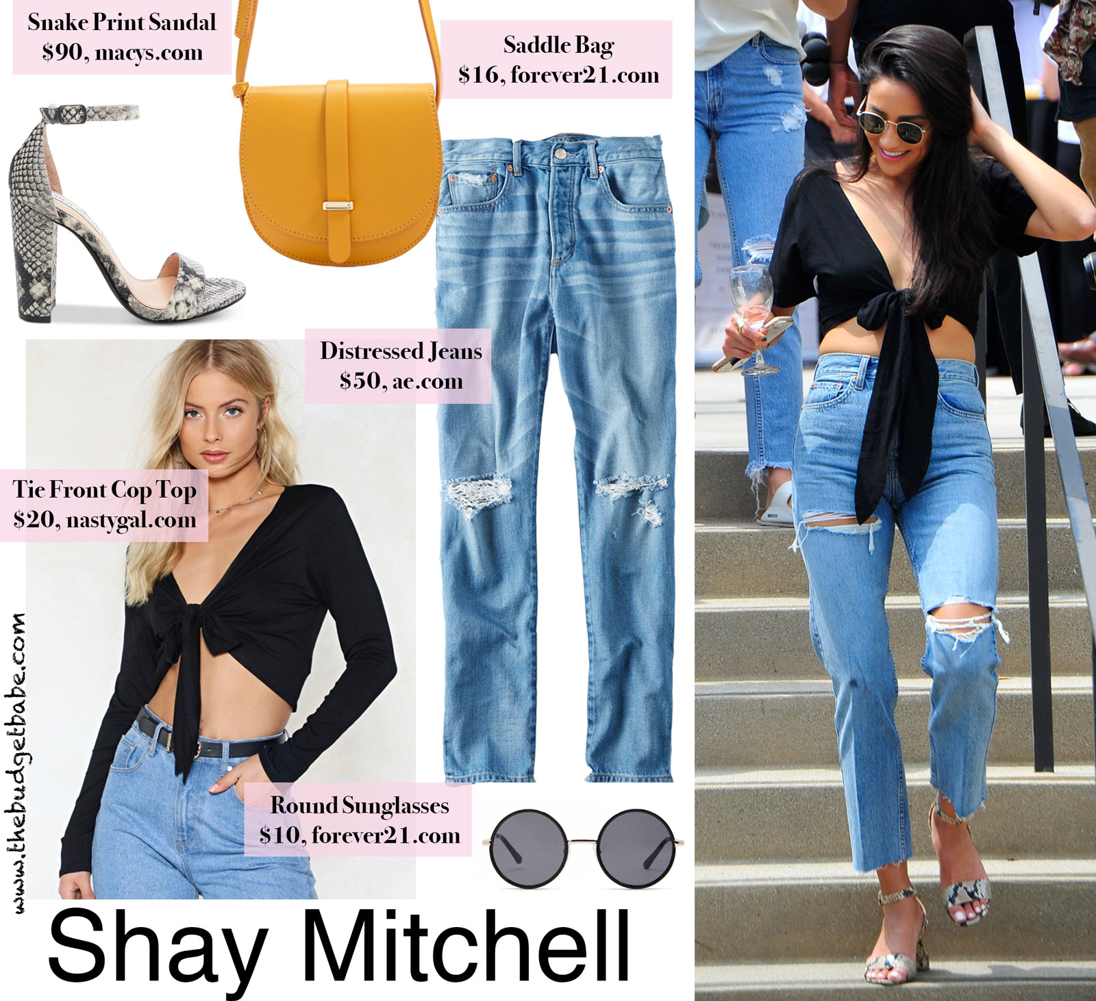 Shay Mitchell Tie Crop Top and Snake Print Heels Look for Less